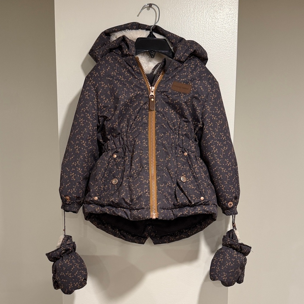Gagou Tagou Toddler Puffer Jacket w/ Mittens – 24 Months – Gray/Brown Print